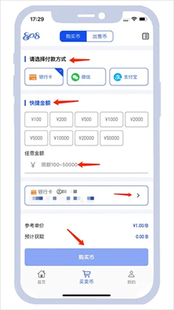 808钱包买币步骤2-选择付款方式，根据页面显示快捷金额，或手动输入您需要的金额，选择付款方式，点击购买币